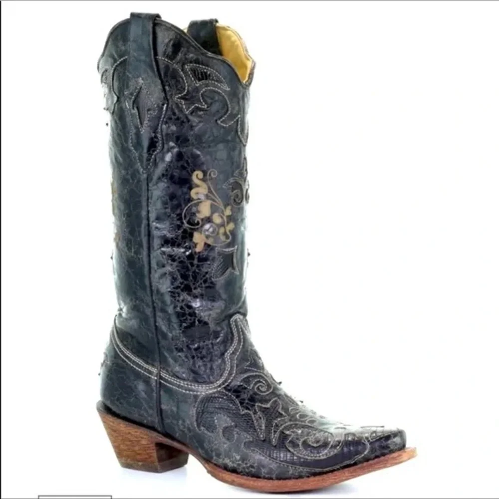 Corral Distressed Black Embroidered Heeled Boots - Picture 2 of 16
